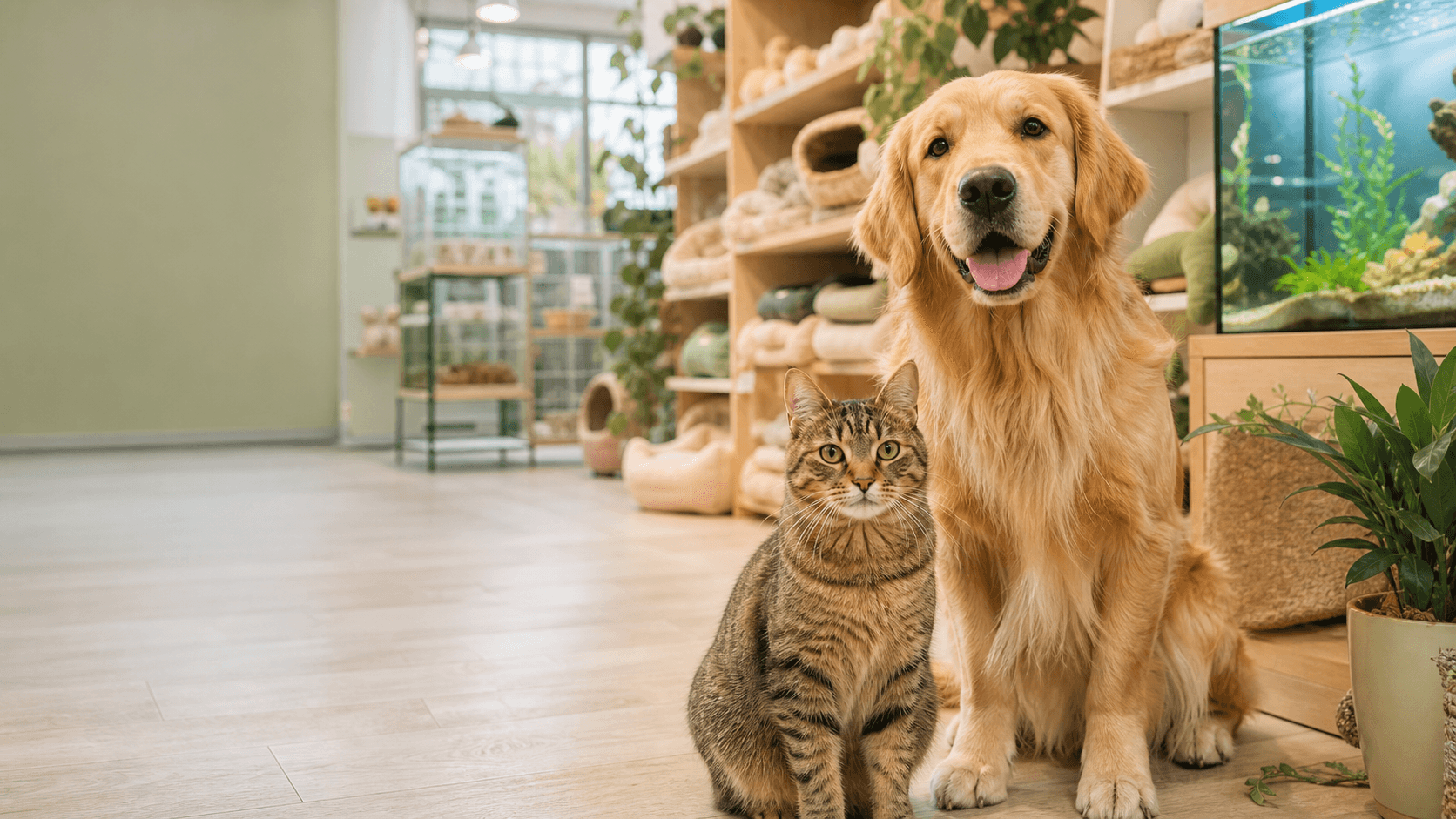 Chien et chat dans une animalerie accueillante