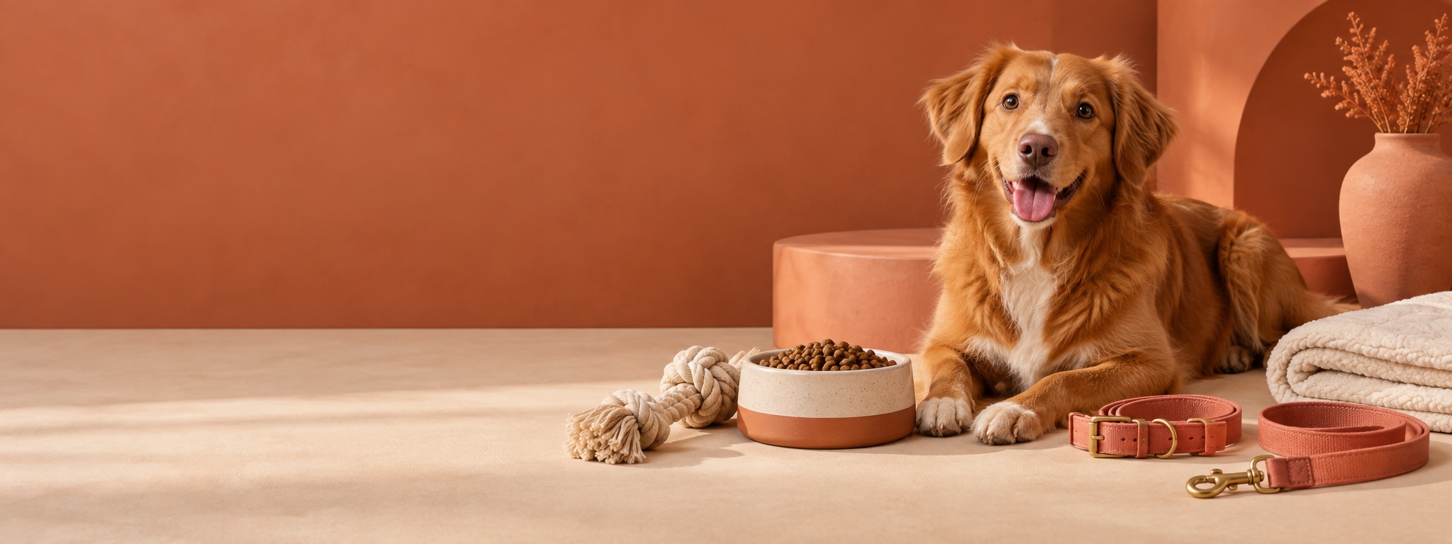 Chien entouré de croquettes, jouets et accessoires