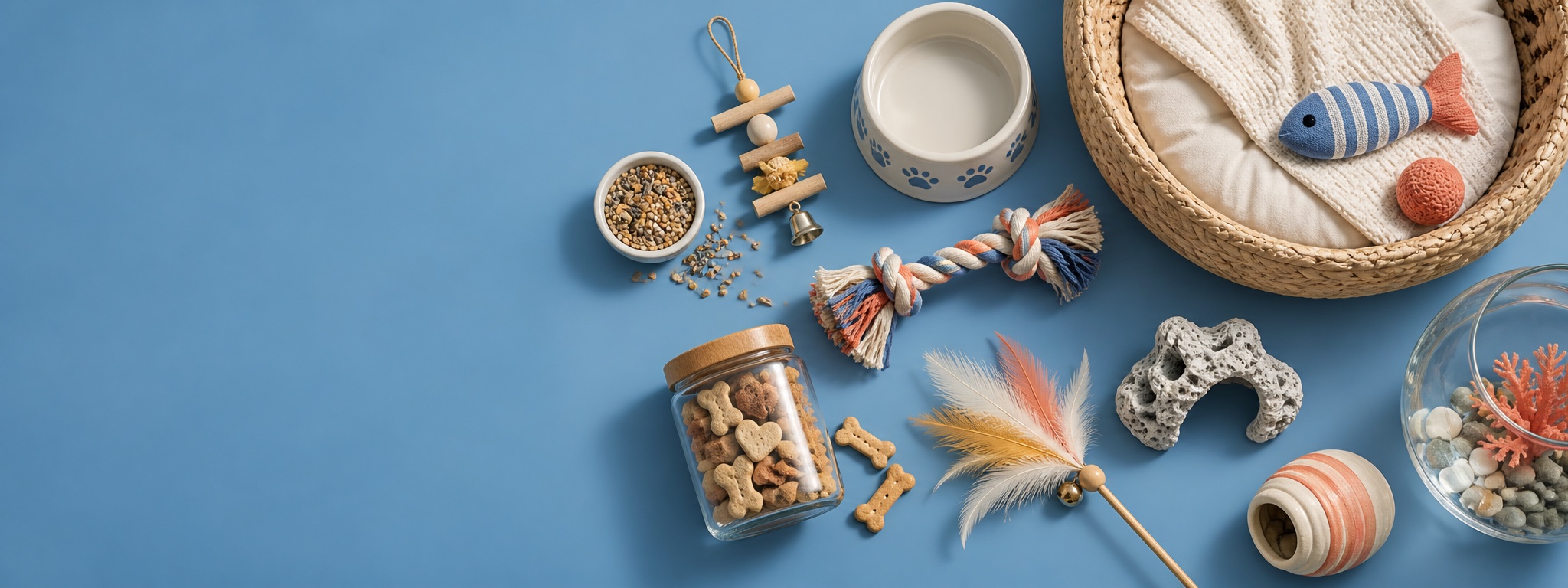 Sélection d’accessoires pour différents animaux sur fond bleu