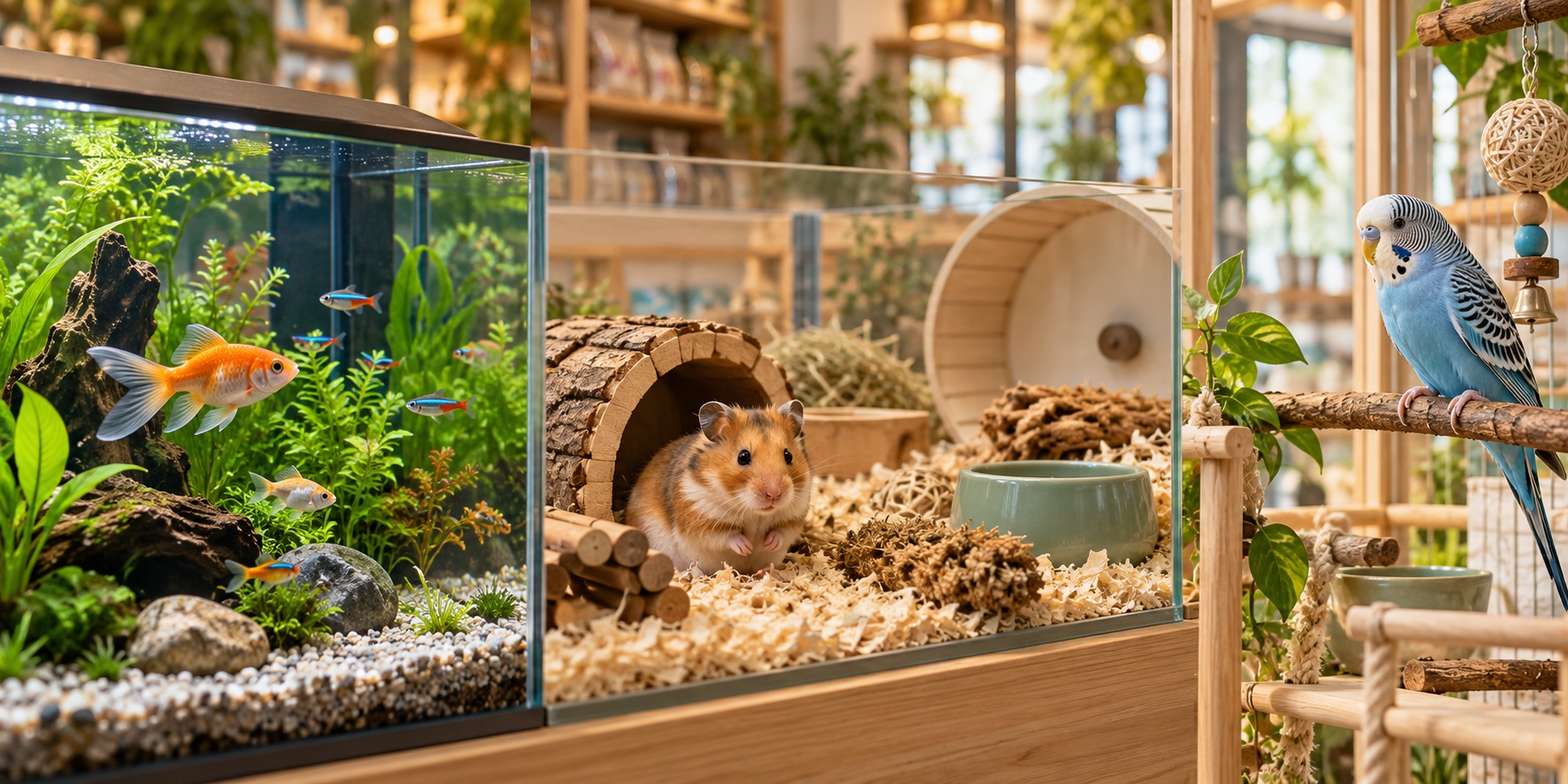 Illustration de poissons, d’un hamster et d’une perruche dans leurs espaces respectifs