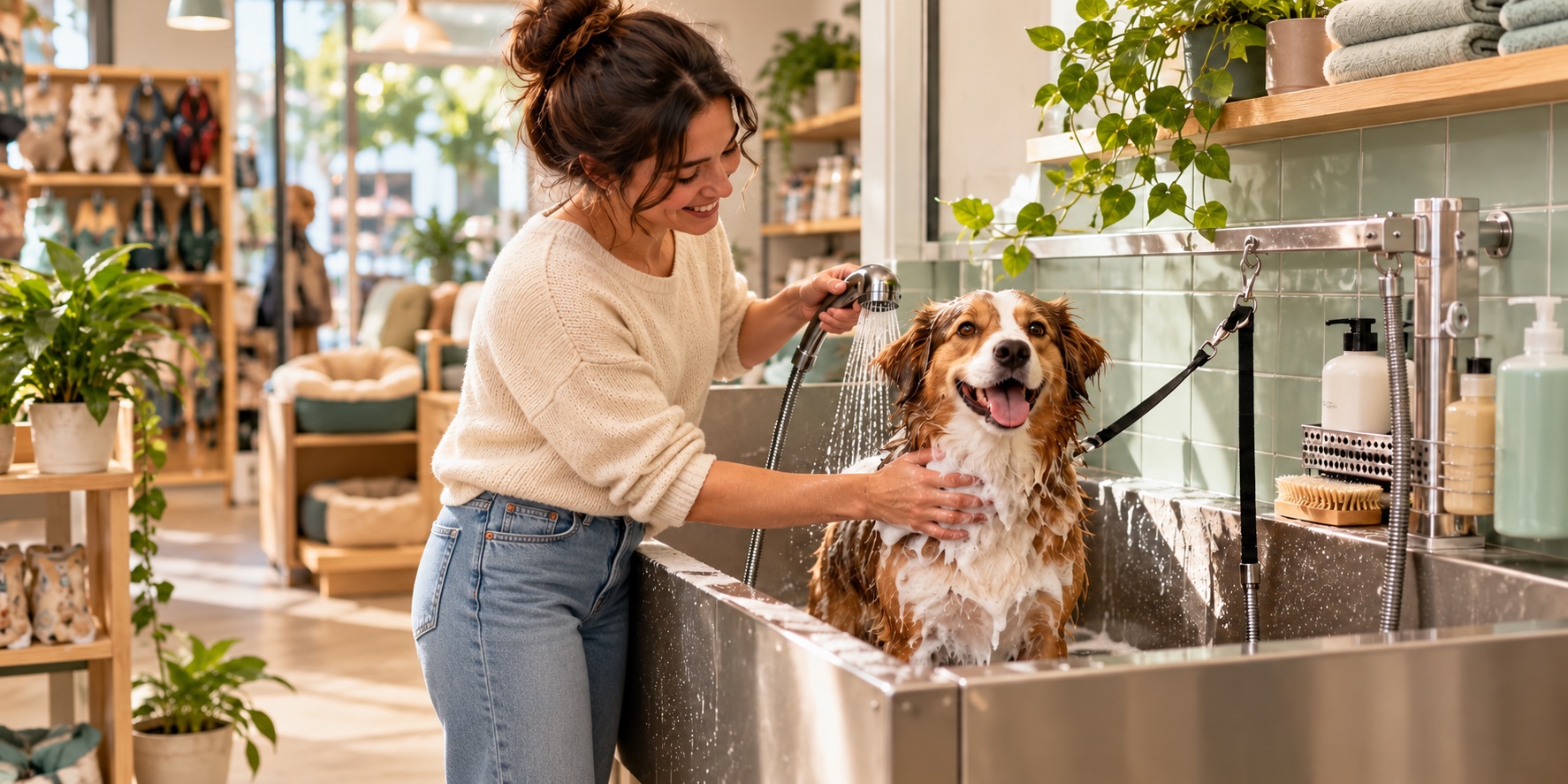Illustration d’un chien lavé par sa propriétaire dans un espace de lavage