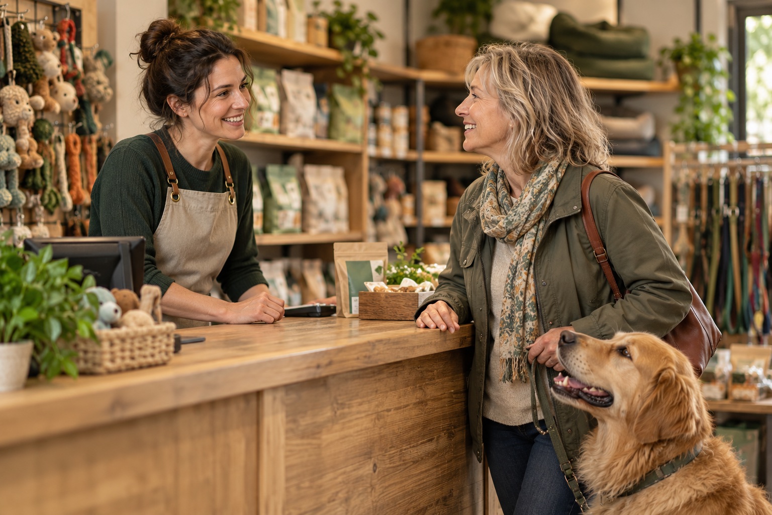 Illustration d’une cliente et d’une vendeuse échangeant au comptoir avec un chien